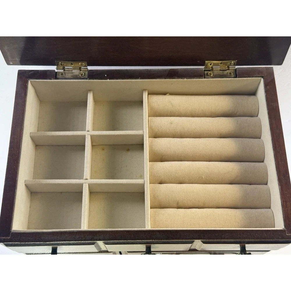 Vintage Wooden Jewelry Armoire Chest Box Taiwan Brass Hardware Multi Drawer 11